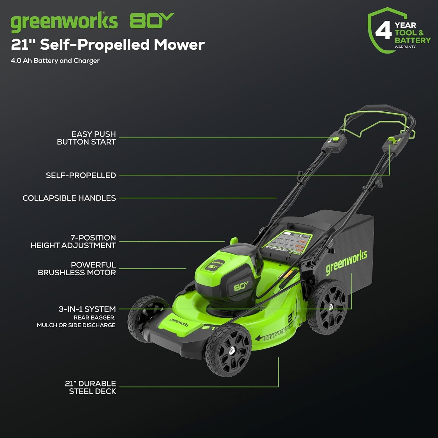 Greenworks 80V 21" Cordless Self-Propelled Lawn Mower - Image 6